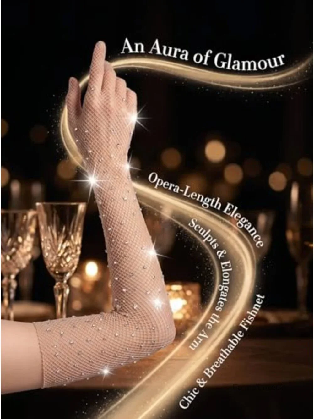 Rhinestone Fishnet Long Gloves Sparkly Glitter Fashion Opera Gloves
